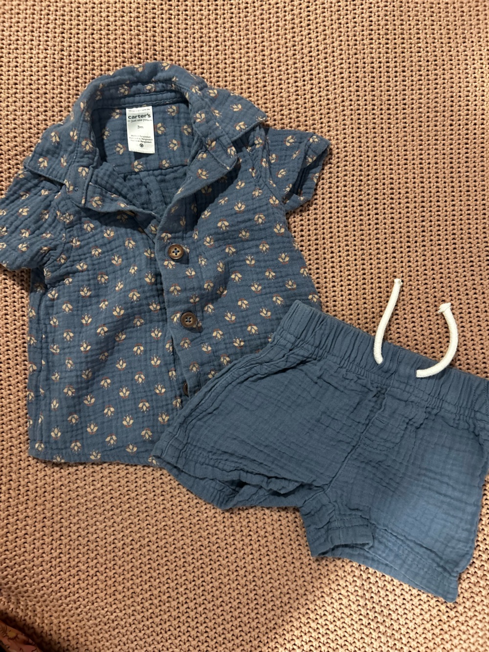 Carter’s Baby Boy 2-Piece Blue Gauze Button-Up Shirt & Shorts Set 3M